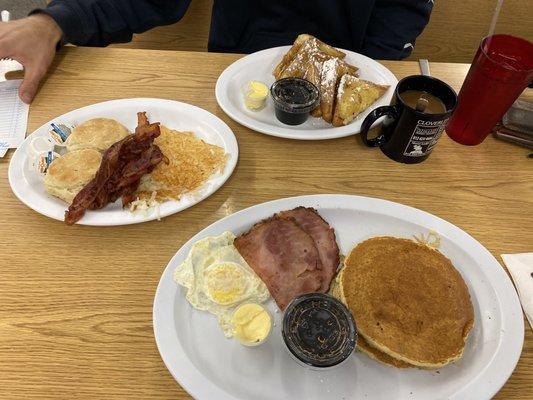 Pancakes, ham, egg, french toast, bacon, hash browns and biscuits!