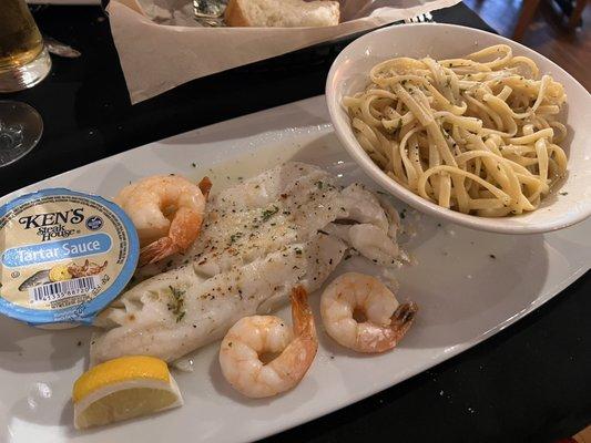 Broiled seafood platter with side of pasta