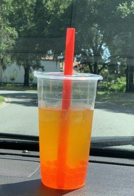 Juicy Peach Tea with Strawberry Popping Boba - YUM!