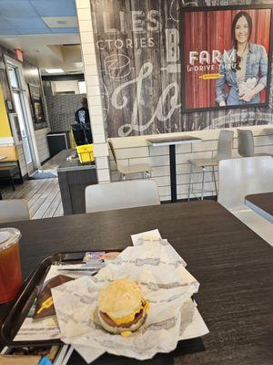 Bologna, egg and cheese biscuit combo with hashbrowns and watermelon iced tea, and local news