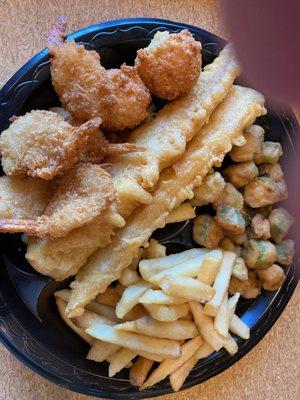 Fish, shrimp, fries and fried okra.