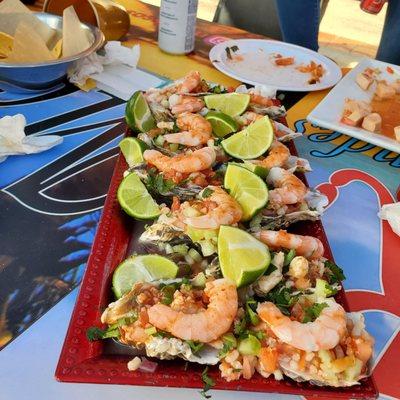 Oysters with shrimp on top. I highly recommend you try these they are delicious.