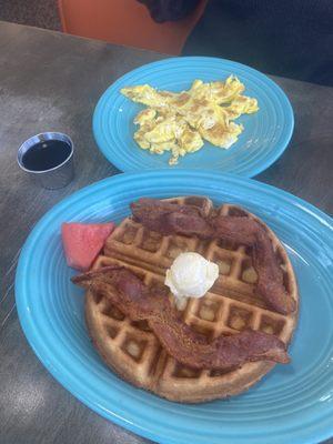 Golden Belgian Waffle with 2 Eggs (scrambled well)