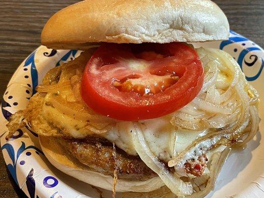 Ira's Favorite - Sausage, egg, cheese, onion and tomato on a bagel.