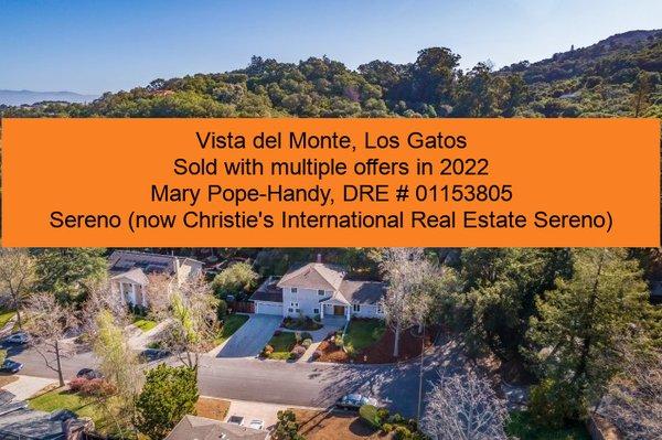 Spring 2022 home sale at 253 Vista del Monte, Los Gatos - photo of the house with a backdrop of the coastal foothills. Aerial photo.