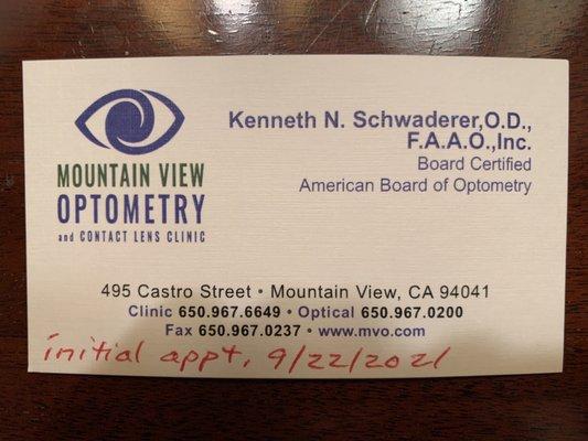 Business Card of Kevin Schwaderer. O.D., F.A.A.O., Inc.