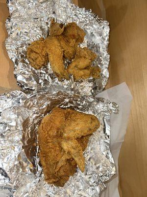 Fried chicken from Super chicken . It was good no dry at all nor was it expensive. We got 4 wings and 1 breast for $15