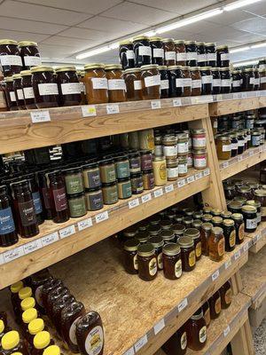 Canned goods. Found pear and peach preserves here.