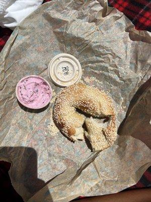 Sesame Bagel with Beet, Dill, Horseradish Cream Cheese on the Side