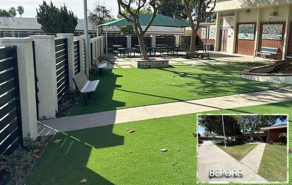 CREATING AN ENCLOSED RECESS SPACE. SYNTHETIC TURF AND  HORIZONTAL WOOD BOARDS FENCE WITH STUCCO PILASTERS.