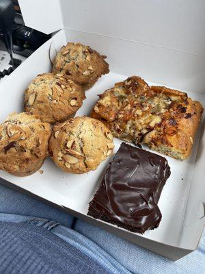 Almond coconut muffins, brownie, focaccia