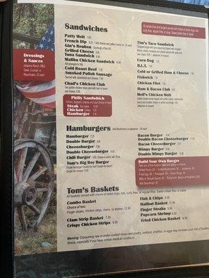 Sandwiches, hamburgers & baskets menu