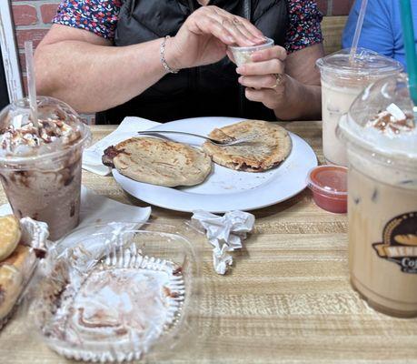 Pupusas, peanut butter shake, horchata and horchata with coffee.