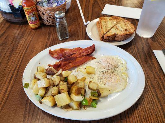 Bacon eggs over easy Rye toast Obrian potatoes