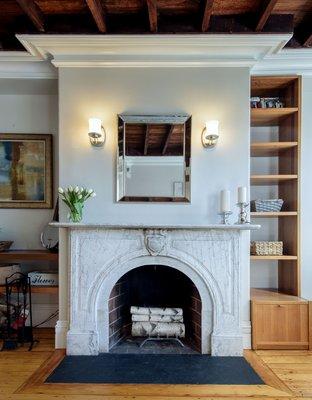 Marble mantel - wood burning fireplace