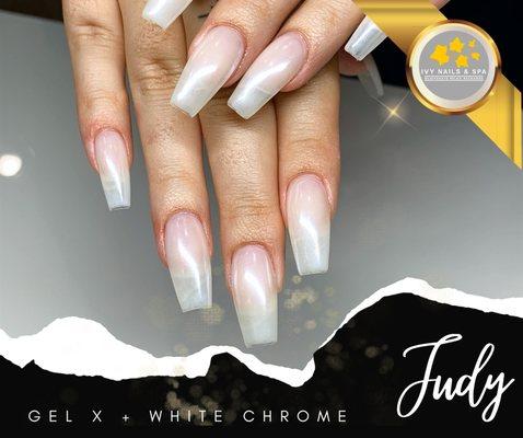 Gel X with white chrome done by Judy