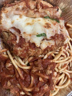 Eggplant parmigiana and spaghetti (after it was refrigerated)