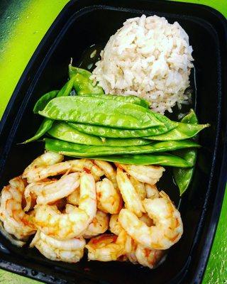 Regular menu option- coconut rice, peapods and chili shrimp