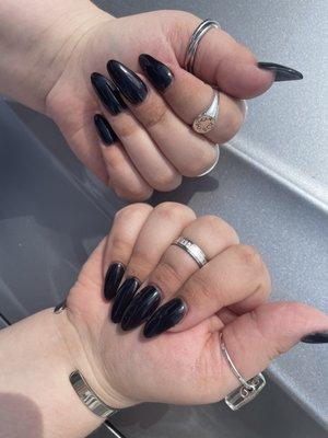 black nails, almond acrylics