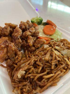 Signature dish combo - orange chicken, spicy noodles and veggies