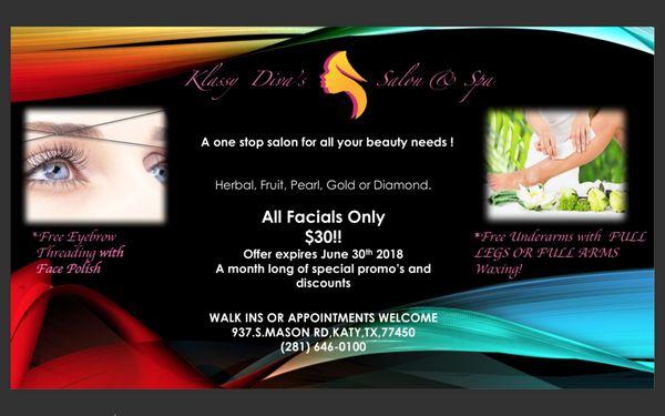 Ladies we have extended our facial special till July 30th. Book your  appointment  ASAP as we are  getting overly booked.