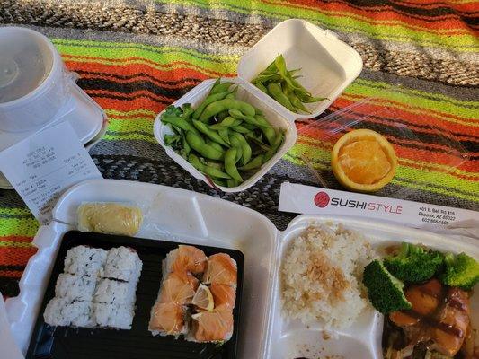 Bento box comes with soup, salad, choice of entrée and sushi roll and side and I added a sunset roll