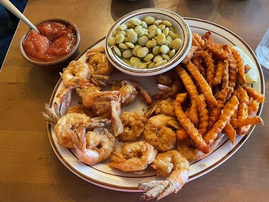 Fried Fantail Shrimp with Lima Beans and Sweet Potato Fries