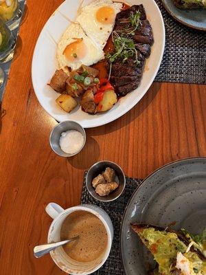 Skirt steak, cappuccino, Smashed Avocado Toast