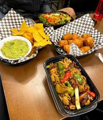 Mongolian Beef Grill Bowl (bottom), Chips & Guac (left), Tater Keg Basket (right), Mongolian Veggie Grill Bowl (top)