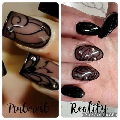 Halloween inspired nails. Left is the pic I showed Joyce and right is the finished product. LOVE them!!!