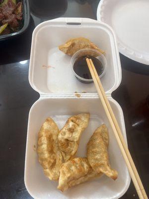 YUM! Fried potstickers. CONTAINS PORK.