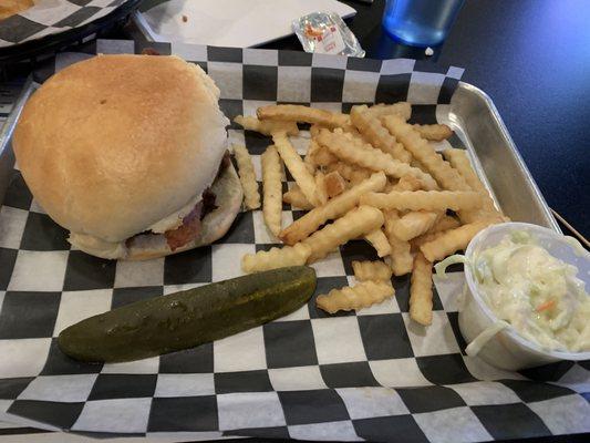 Cajun burger platter with crinkle cut fries and coleslaw