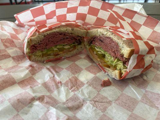 Roast Beef with Swiss on Seeded Rye.