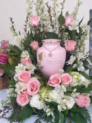 Beautiful Urn flower display, matched Urn perfectly!