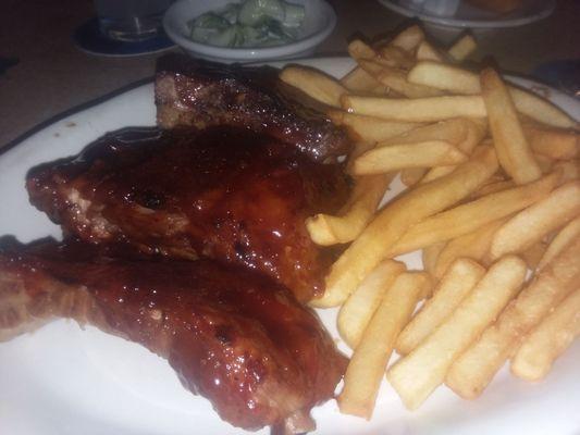 Sweet and Spicy Ribs with fries and awsome cucumber  salad!