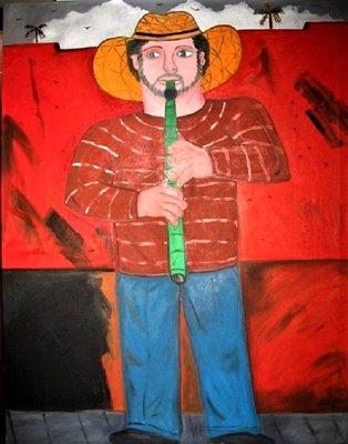 Flautist with Red Wall 44x54" acrylic on canvas Francisco Vidal