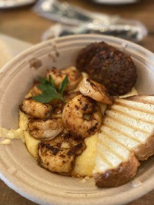 Shrimp and grits with veggie sausage.