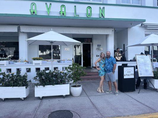 Wife and I at the entrance to the Hotel Avalon, and the restaurant, A Fish Called Avalon, delicious by the way!