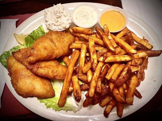 Fish and chips w seasoned fries tartar and a side of creole mayo