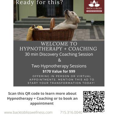 Welcome Offer for Hypnotherapy + Coaching. Scan the QR code for more information