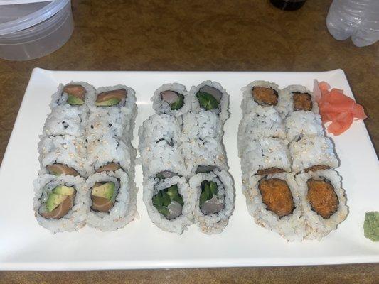 3 roll lunch combo (Alaskan roll, yellowtail jalapeño roll, crunchy spicy salmon roll)