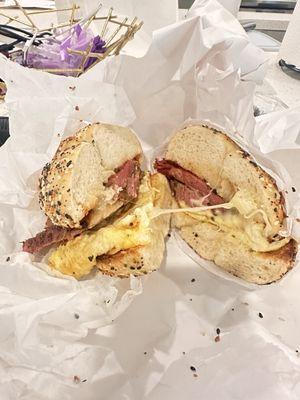 Pastrami, egg and cheese on everything bagel