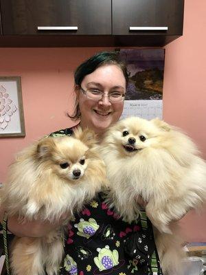 Jessica, one of our groomers is seen here with 2 of our favorites.