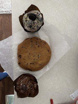 Cookies and cream cupcake, the chocolate chip cookie, and the mocha cupcake