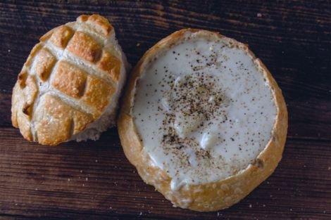 Warm Clam Chowder in a Bread Bowl. Yummy in your Tummy!