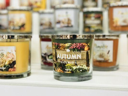 Home department, featuring 2017 fall Sonoma scents. Autumn Hayride, Pumpkin Spice, Apple Cherry, Toasted Marshmallow, and more.