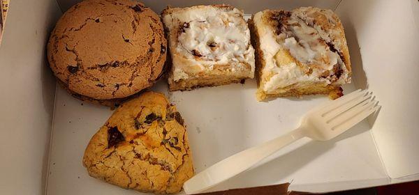 Cinnamon rolls, green chile scone, and cookie