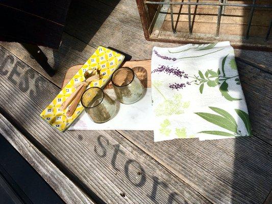 We've got your next garden party covered: botanical tea towels from June & December, Roost teak appetizer set, & marble cutting board