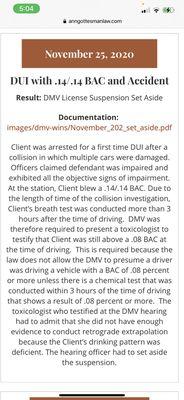 Another DMV win on a DUI case--suspension was set aside and license reinstating