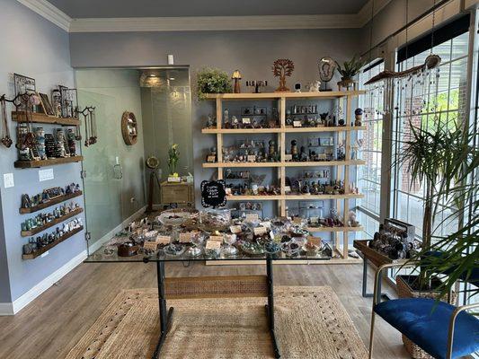 Entire space dedicated to crystals, towers, necklaces, bracelets, incense, candles and more